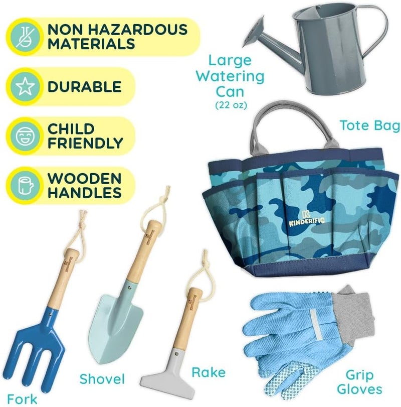 Kinderific Gardening Set, Tool Kit, for Kids, STEM, Includes Tote Bag, Spade, Watering Can, Rake, Fork, Trowel and Gloves (Camo Quest) - Image 3